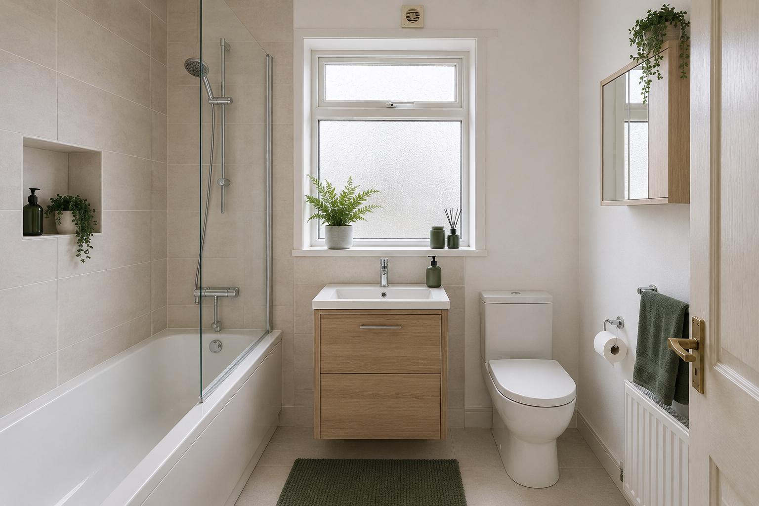 Modern bathroom after renovation, shown as design illustration