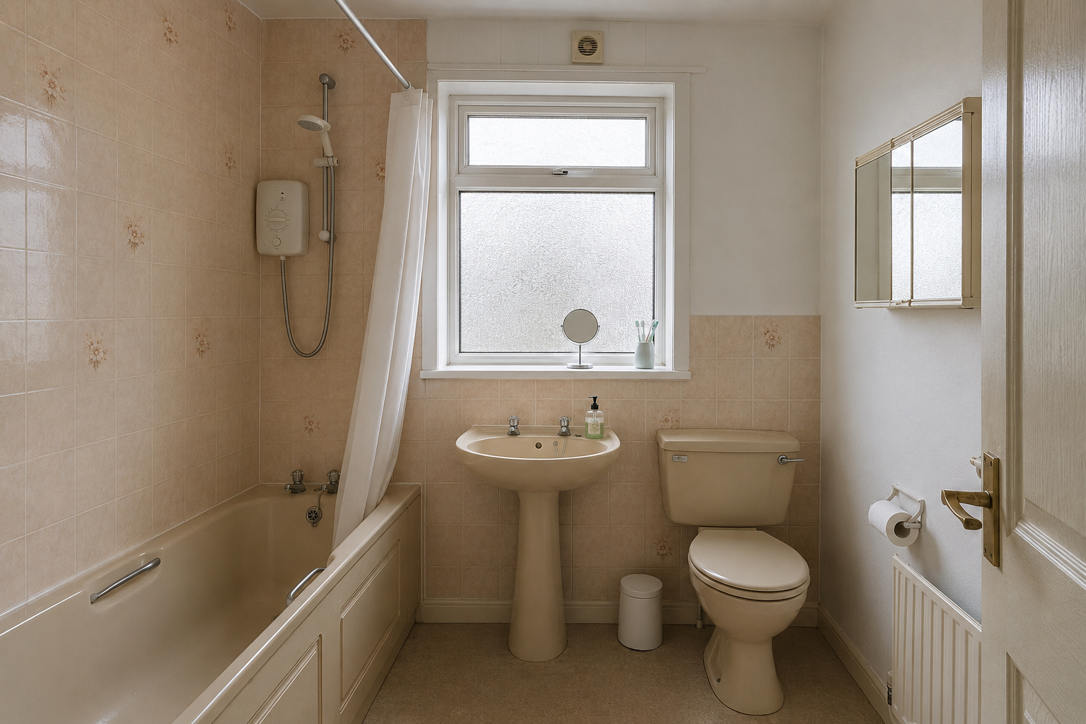 Dated bathroom before renovation, shown as design illustration