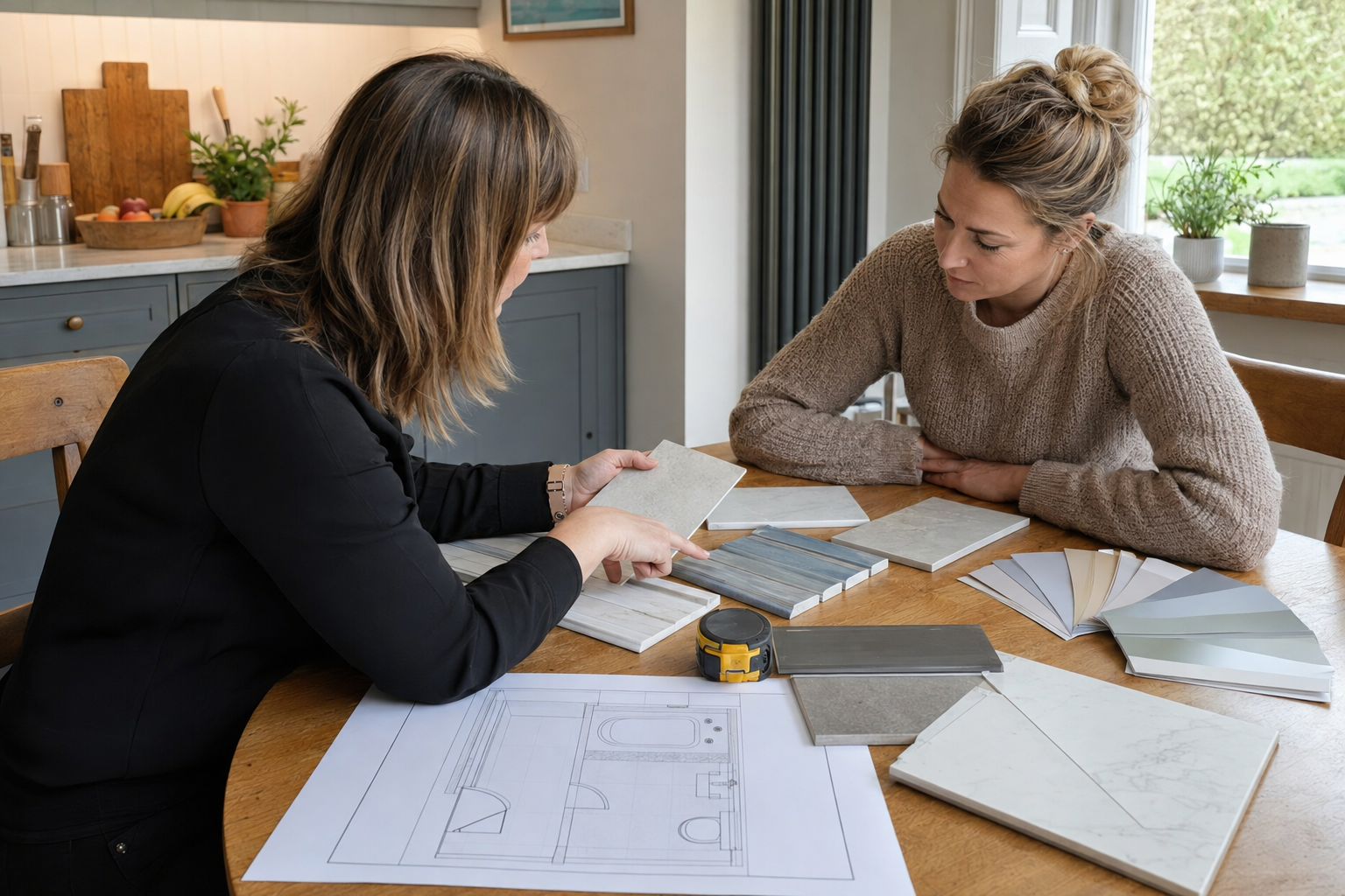 Bathroom designer discussing samples and a room plan at a kitchen table