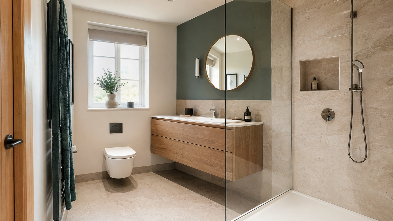 Modern bathroom idea with walk-in shower, oak vanity and green feature wall