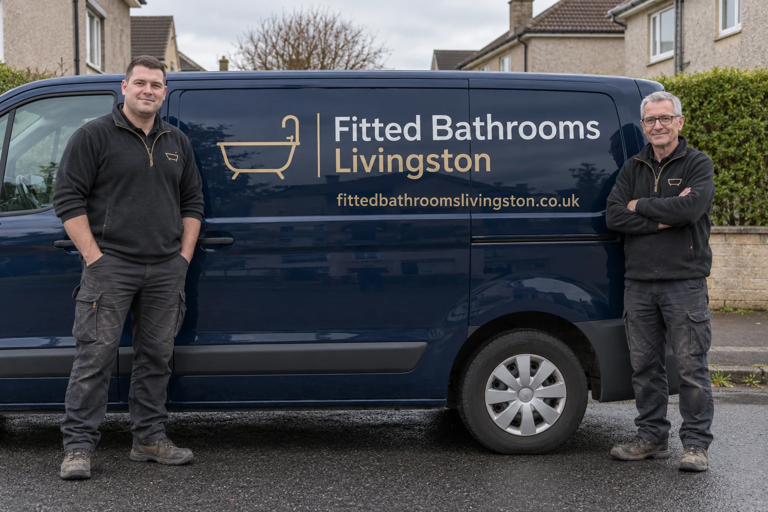 Two men in workwear beside a professionally signwritten Fitted Bathrooms Livingston van