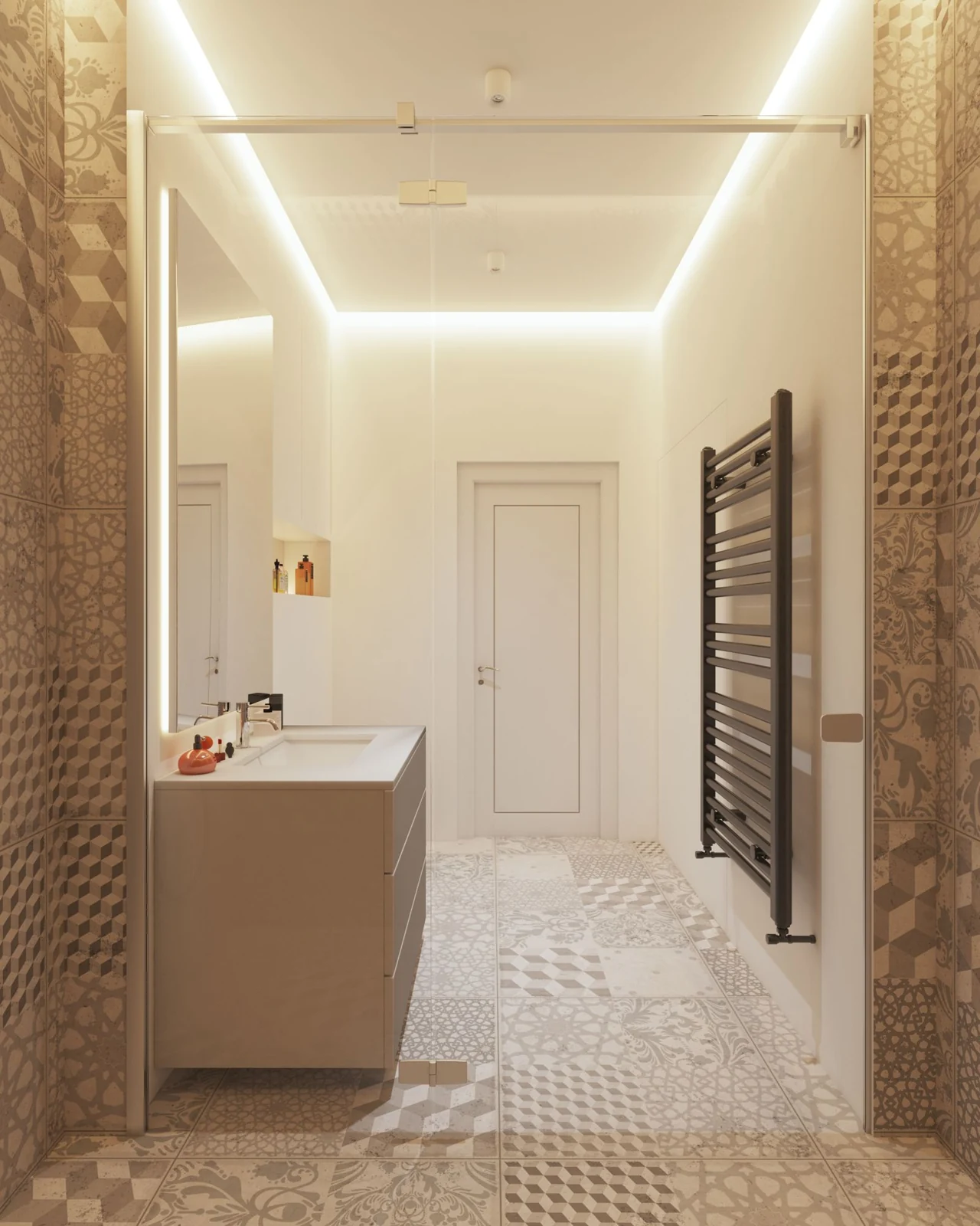 Elegant modern minimalist bathroom with geometric patterns and warm lighting