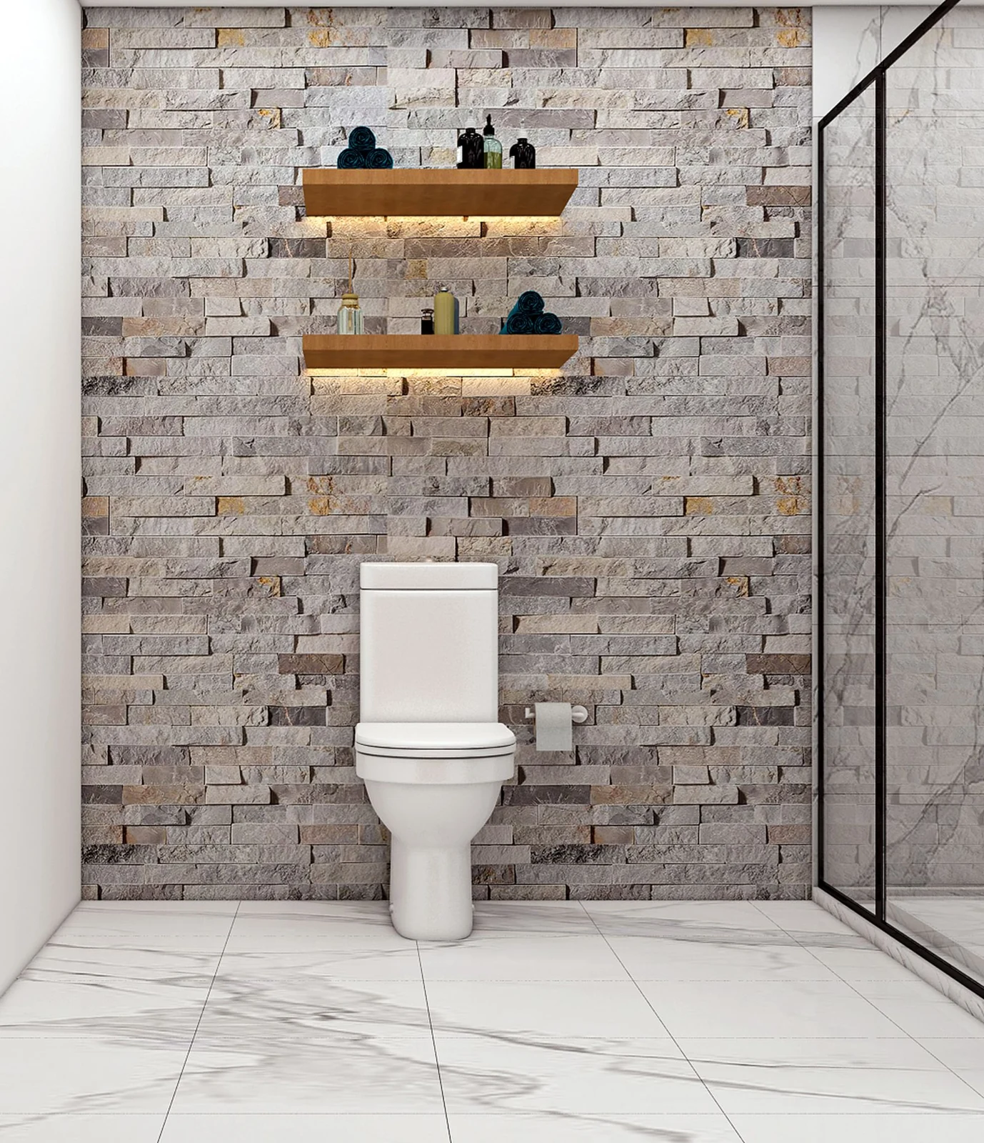 Wall shelves above a toilet